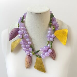 Statement Necklace Purple & Green Lucite Wood & Brass Carolyn Tanner Chunky 20"